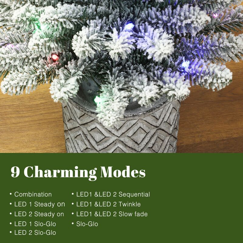 LuxenHome 5Ft Flocked Artificial Tree Potted with Multi-Color Lights
