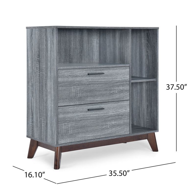 Side Cabinet, Open Square Shelves, 2 Drawer, 38 Inch Gray Faux Wood - Benzara