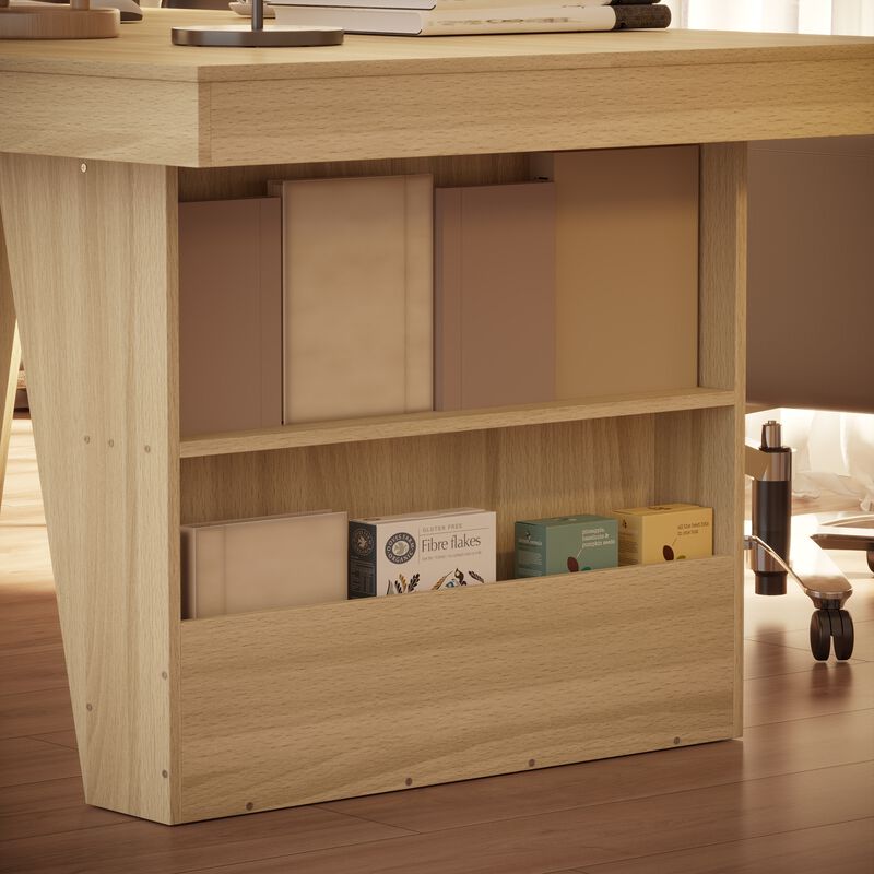 FUFU&GAGA Modern Wood Grain Office Desk with Storage Shelf, 2-Meter Length (78.7" W x 39.4" D x 29.6" H), Wood Grain Finish