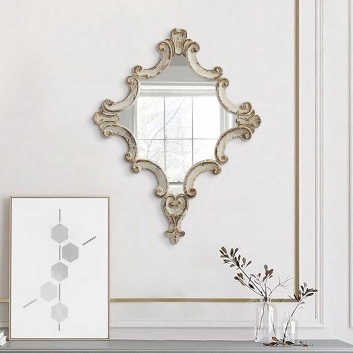 30 Inch Accent Wall Mirror, Carved Ornate Scrollwork Antique White Fir Wood