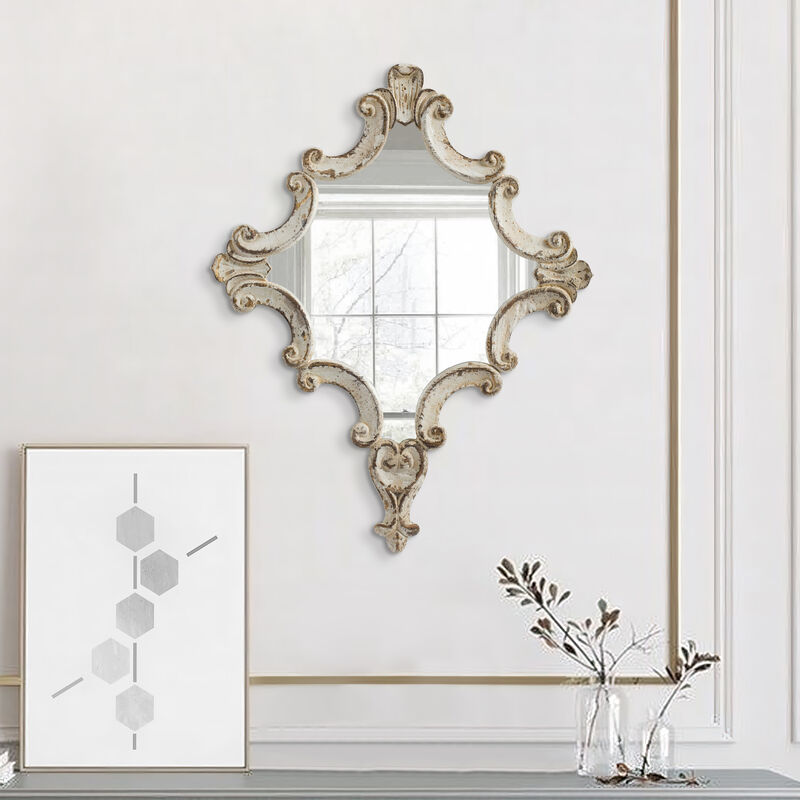 30 Inch Accent Wall Mirror, Carved Ornate Scrollwork Antique White Fir Wood