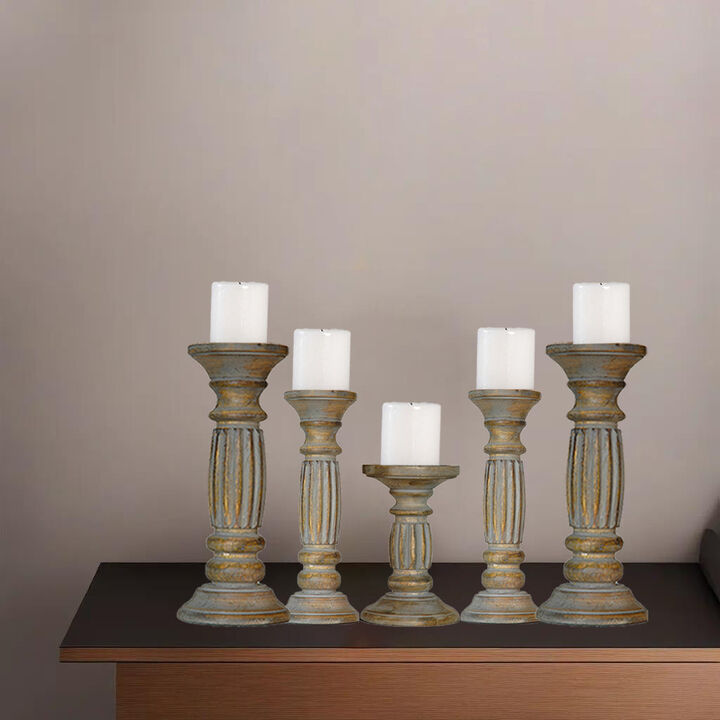 Traditional Gray Wash Eco-friendly Handmade Mango Wood Set Of Five 12",9",6",9" & 12" Pillar Candle Holder