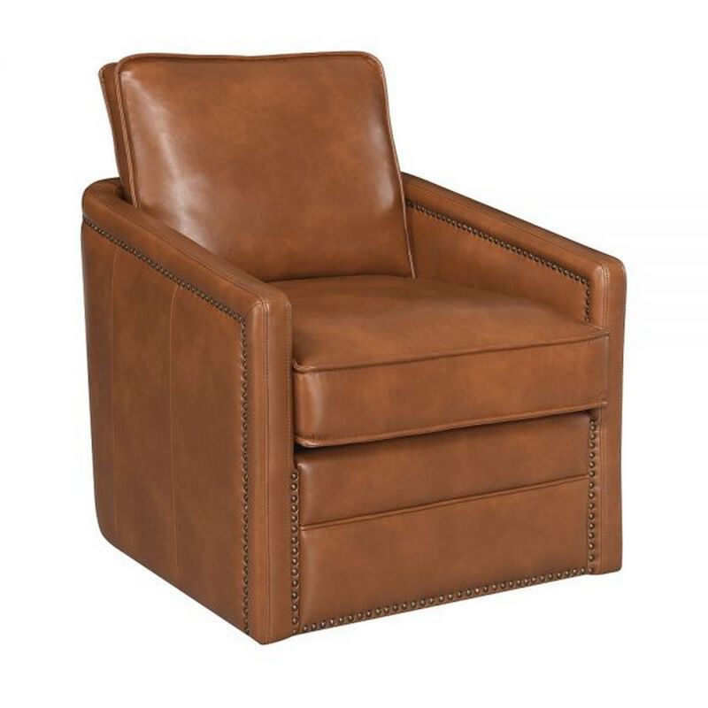 Roco 34 Inch Accent Chair with Swivel, Faux Leather Upholstery, Brown  - Benzara
