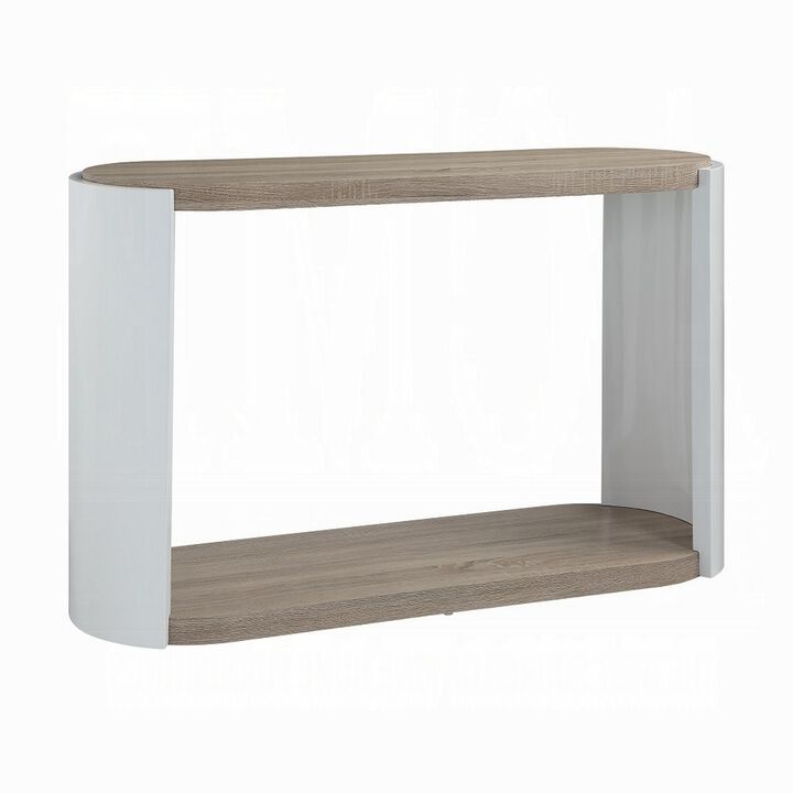Romani Sofa Console Table, White High Gloss Wood, Brown, Oval 47 Inch - Benzara
