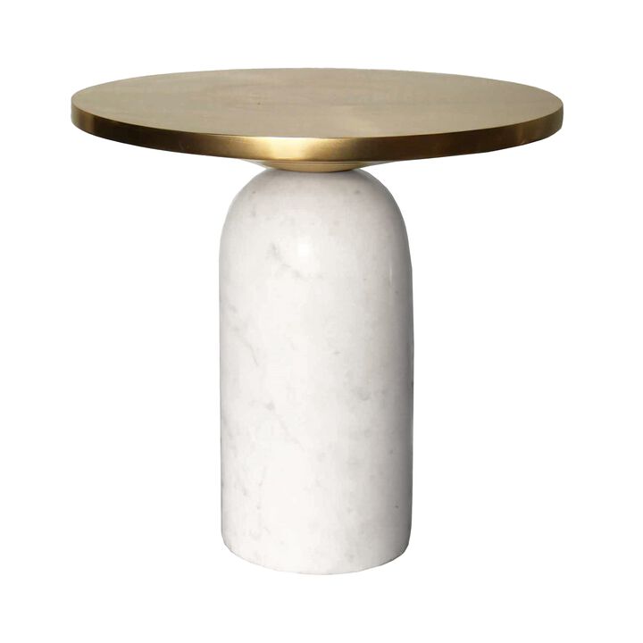 17 Inch Round Brass Modern Accent End Table with Cylindrical Marble Base, Brass, White-Benzara