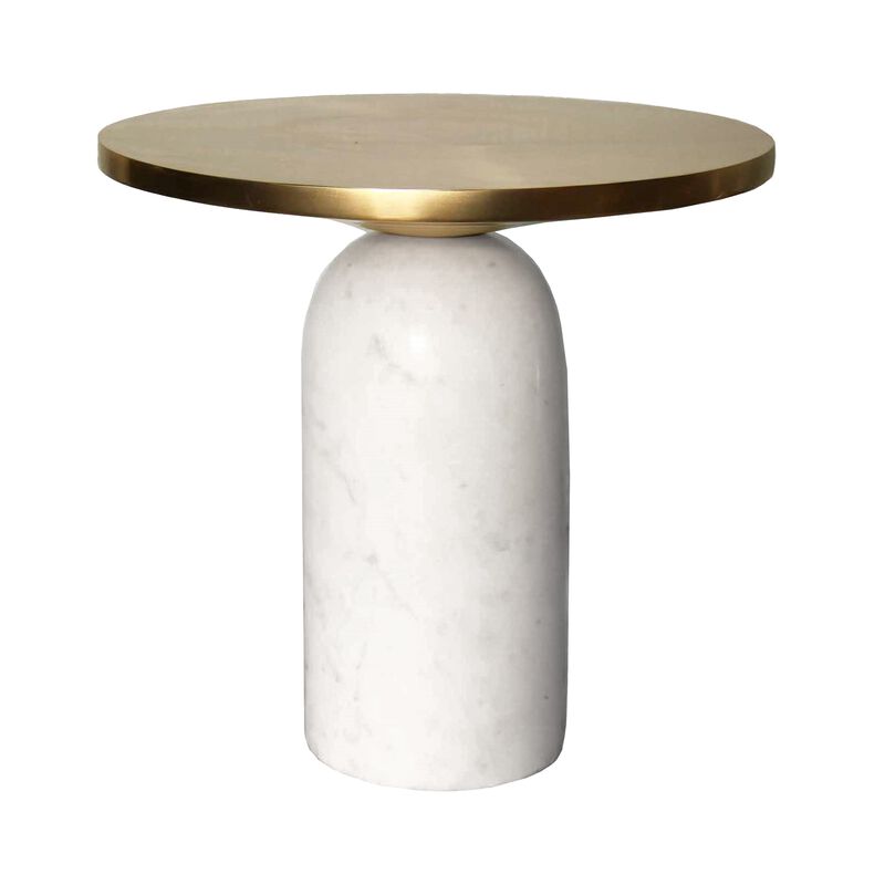 17 Inch Round Brass Modern Accent End Table with Cylindrical Marble Base, Brass, White-Benzara