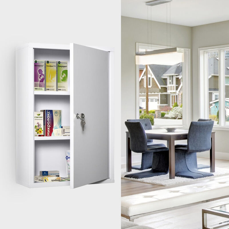 White Medicine Cabinet: 24x16 Steel Wall Mount with 3-Tier Storage