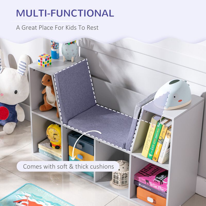 Gray Kids' Corner: 6-Cube Bookcase with Reading Nook and Cushion