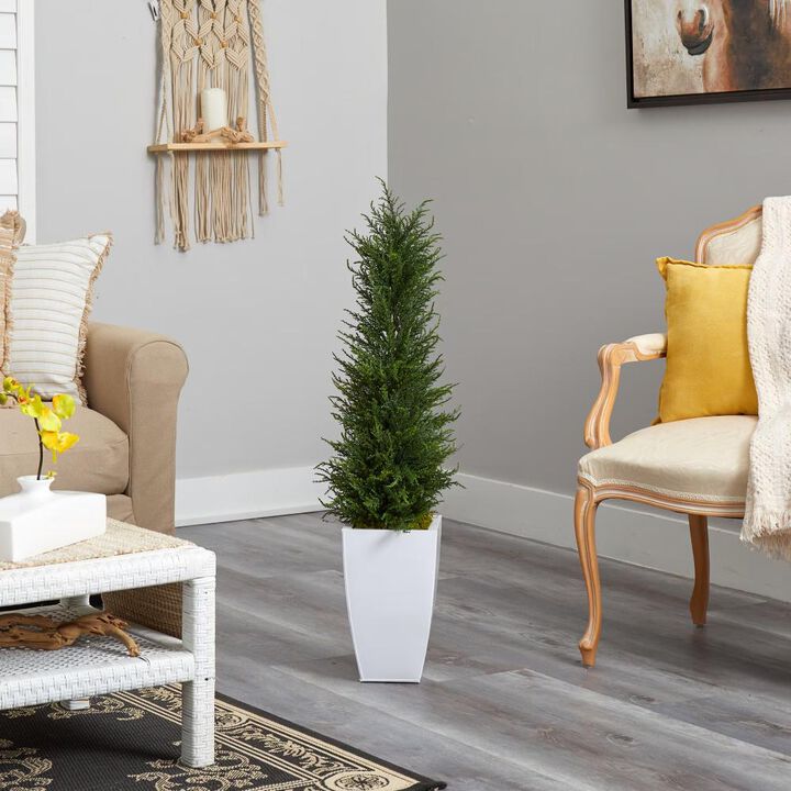 Hivvago 3.5" Cypress Artificial Tree in White Metal Planter UV Resistant (Indoor/Outdoor)
