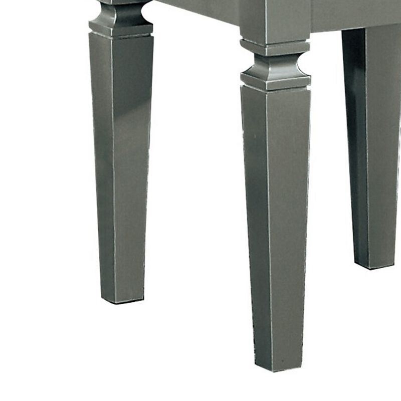 Wooden Vanity Stool With Faux Leather Tufted Seat, Gray-Benzara