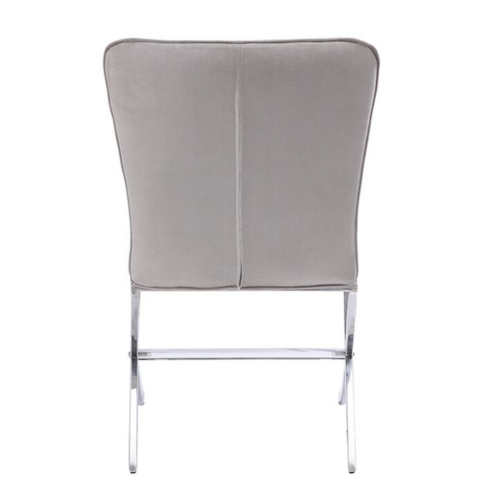 Velvet Upholstered Metal Side Chair with X Style Base, Light Gray and Silver, Set of Two-Benzara