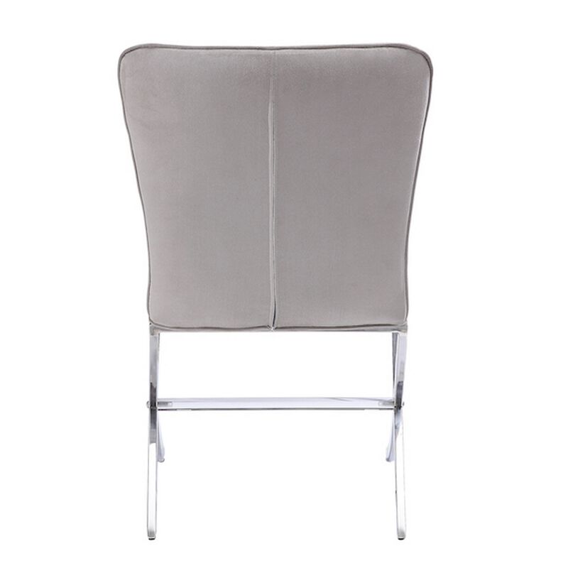 Velvet Upholstered Metal Side Chair with X Style Base, Light Gray and Silver, Set of Two-Benzara