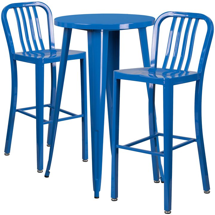 Flash Furniture Earl Commercial Grade 24" Round Blue Metal Indoor-Outdoor Bar Table Set with 2 Vertical Slat Back Stools