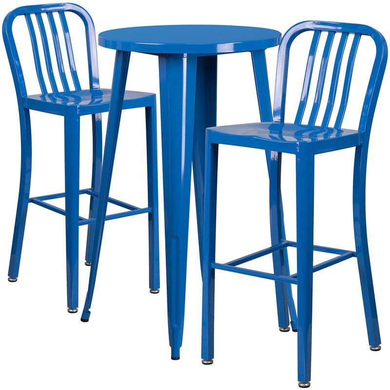 Flash Furniture Earl Commercial Grade 24" Round Blue Metal Indoor-Outdoor Bar Table Set with 2 Vertical Slat Back Stools