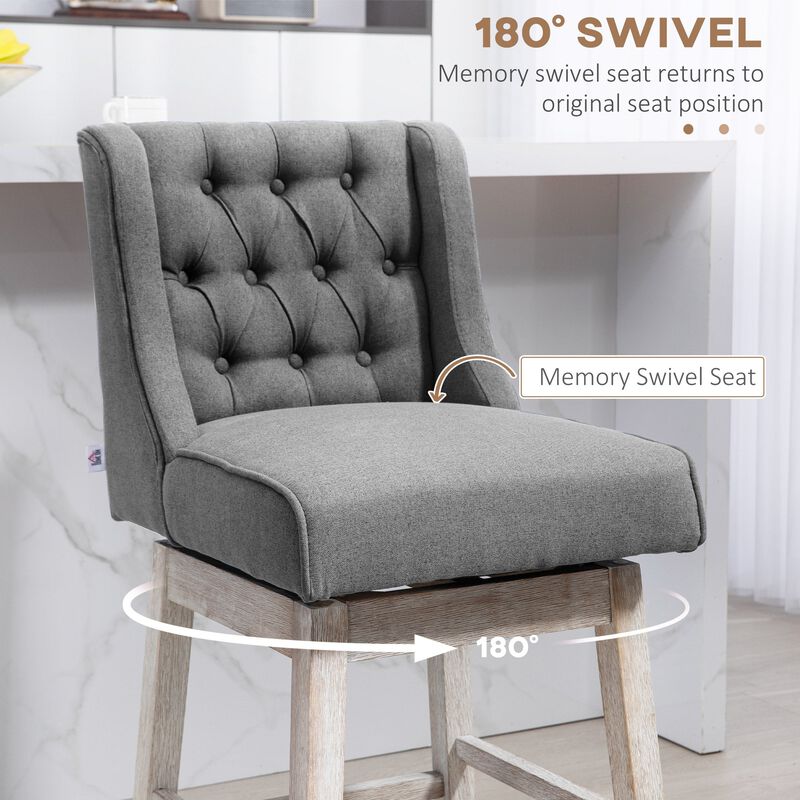 Gray Swivel Bar Stools: Set of 2, 27" Counter Height, Linen, Button Tufted