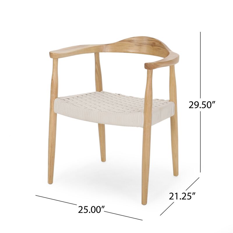 Accent Armchair, White Rope Woven Style Seat, Natural Brown Ash Wood - Benzara