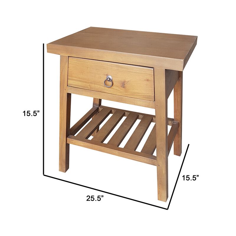 26 Inch Side Table, Classic Look, Drawer, Slatted Shelf, Modern Wood Brown - Benzara