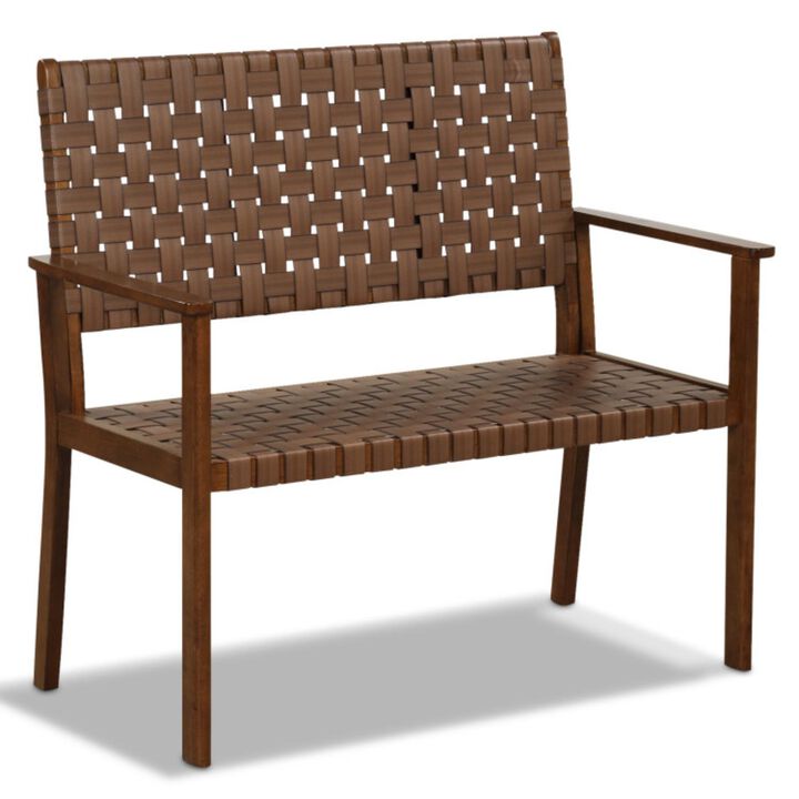Hivvago Outdoor All Weather Bench with Solid Rubber Wood Frame and Hand Woven PU Leather-Brown
