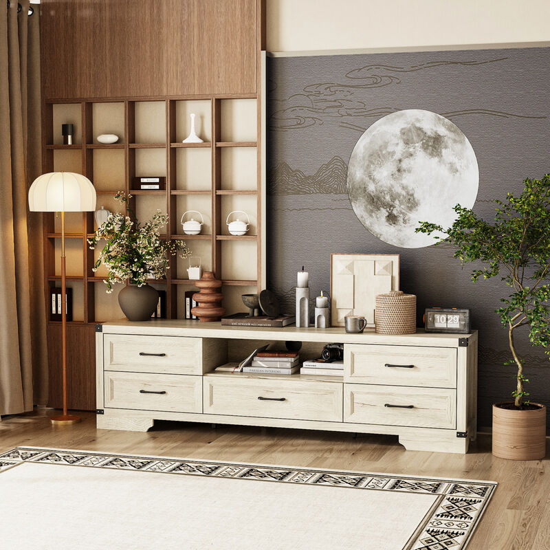 FUFU&GAGA Modern Dark Wood TV Stand – 5 Drawers & Open Shelf, Sturdy P2-Grade MDF Entertainment Center  (70.9" W x 14.1" D x 51.4" H), Dark Wood