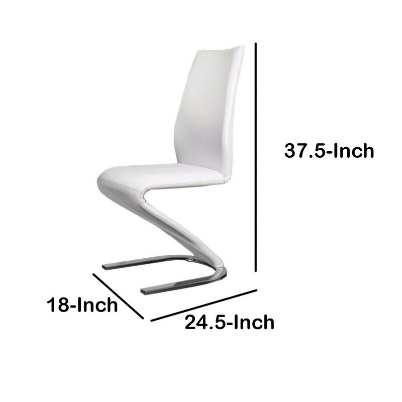 Leatherette Side Chair with U Shaped Metal Base, Set of 2, White and Chrome-Benzara