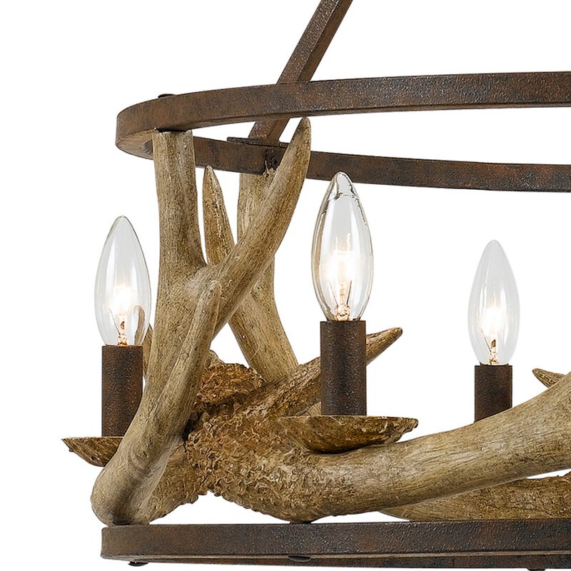 6 Bulb Metal Frame Chandelier with Resin Antler Design,Dark Bronze and Gold-Benzara