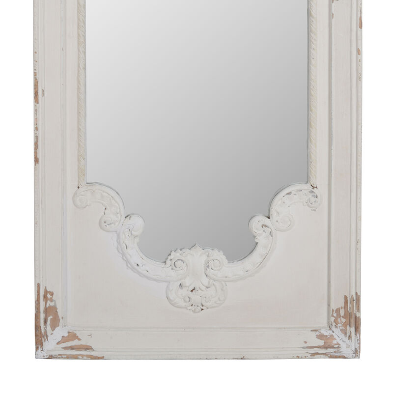Wooden Rectangle Wall Mirror with Chipped Edges and Hook, White-Benzara