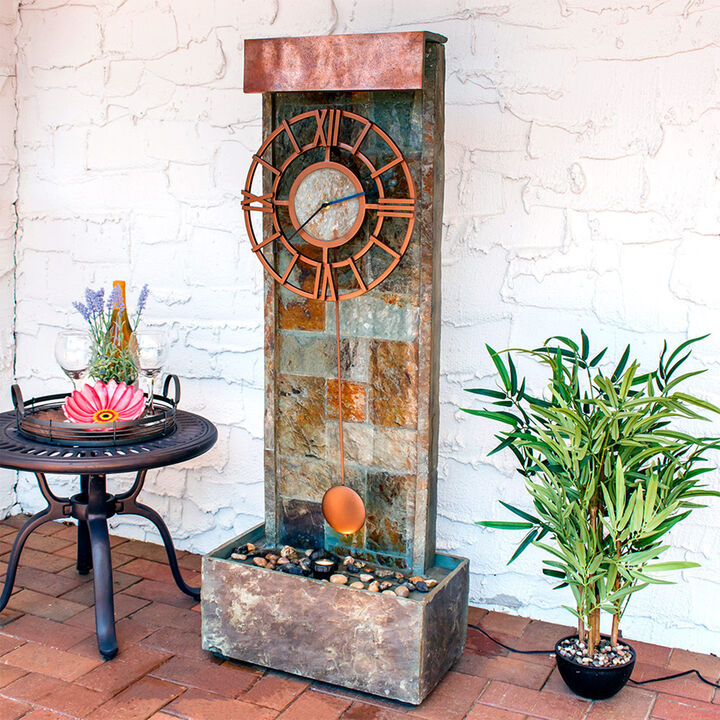 Sunnydaze Slate/Copper Clock Waterfall Fountain with LED Lights - 49 in