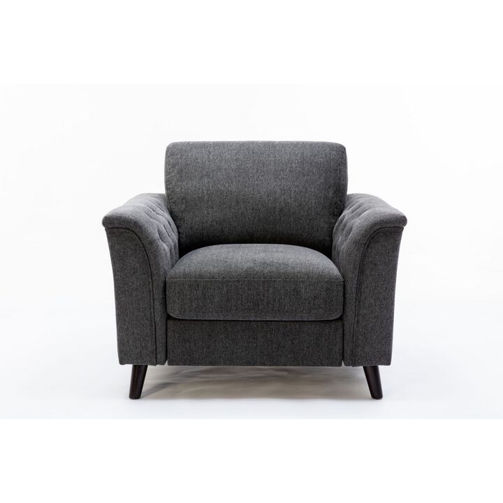 Sen 37 Inch Accent Sofa Chair, Tufted Arms, Padded, Gray Linen, Solid Wood - Benzara