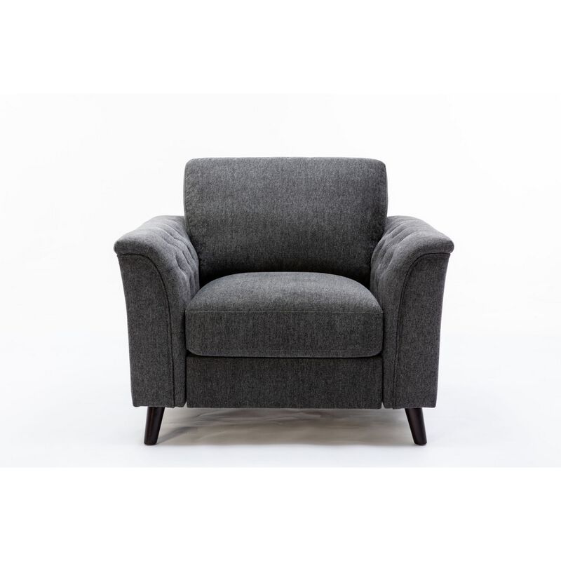 Sen 37 Inch Accent Sofa Chair, Tufted Arms, Padded, Gray Linen, Solid Wood - Benzara
