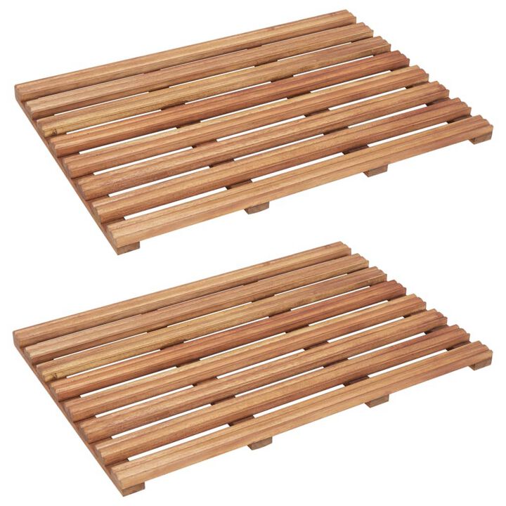 Bath Mats Set of 2, Brown Solid Acacia Wood, Slatted Design, 22x15  - Benzara