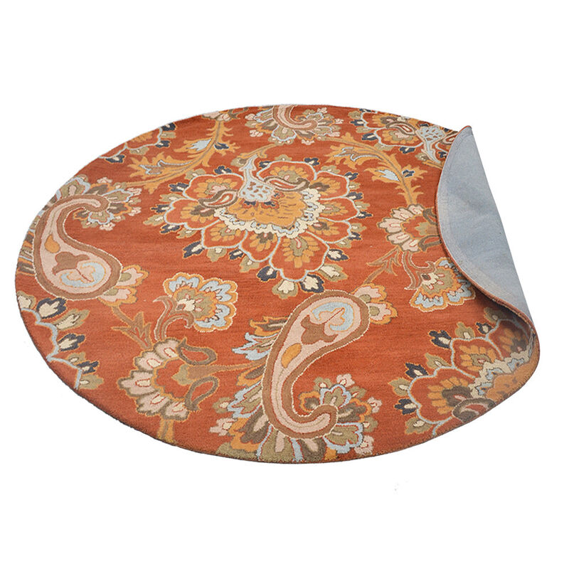 RUGSOTIC CARPETS HAND TUFTED WOOL ECO-FRIENDLY AREA RUGS  - 8'x8', Round Shape, Orange, Floral Modern Design, High Pile Thick Handmade Anti Skid Area Rugs for Living Room, Bed Room (K00151)