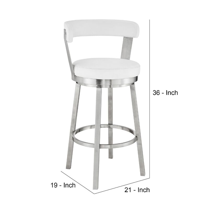 Swivel Counter Barstool with Curved Open Back and Metal Legs, White and Silver-Benzara