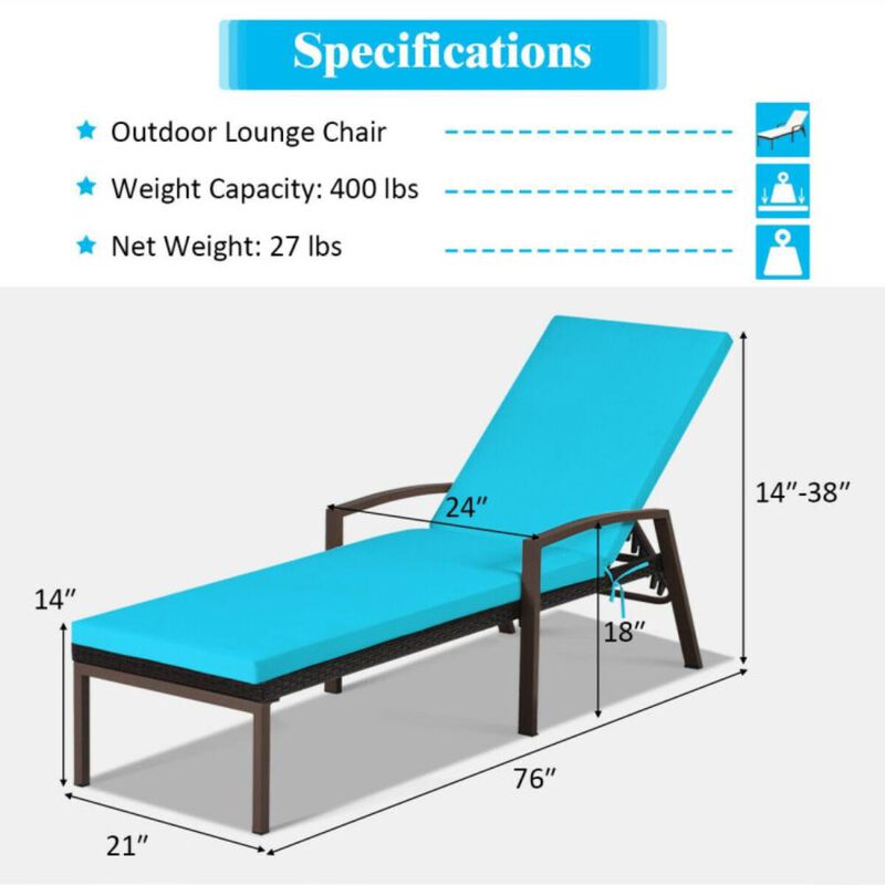 Hivvago 2 Pieces Patio Rattan Adjustable Back Lounge Chair with Armrest and Removable Cushions