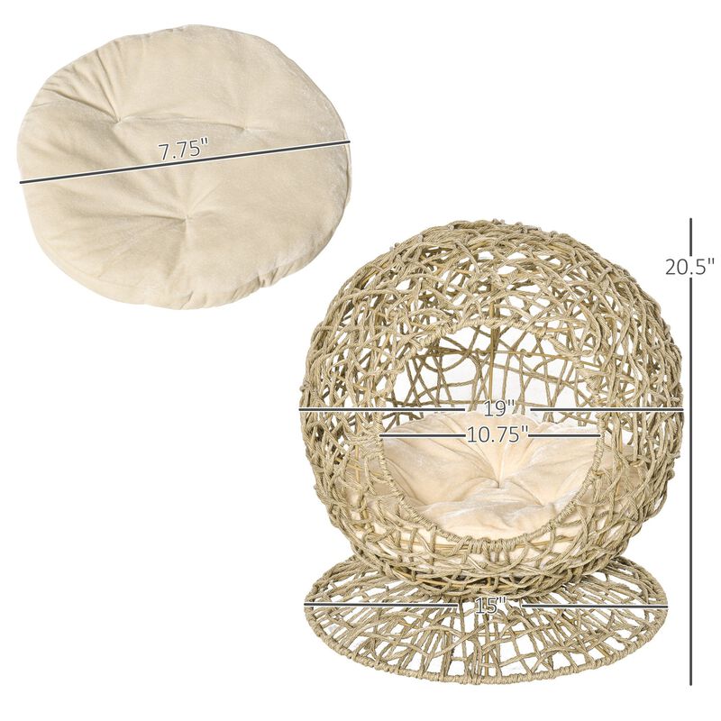 Brown Kitty Haven: Elevated Wicker Cat Bed with Soft Cushion