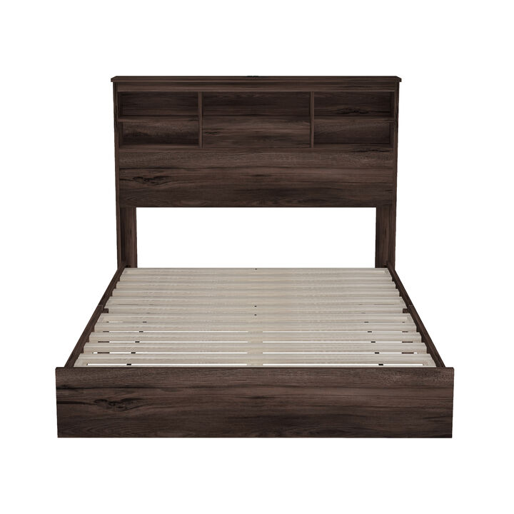 Merax Vintage Platform Bed with Storage Headboard and Charging Station