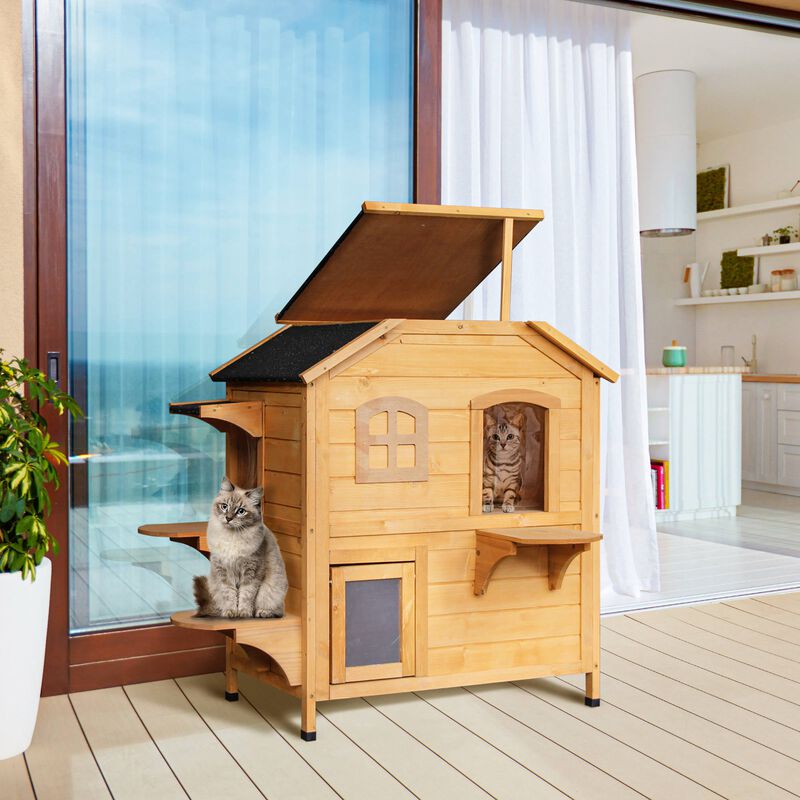 Natural Cat Condo: 2-Story Wooden Outdoor Shelter with 4 Platforms