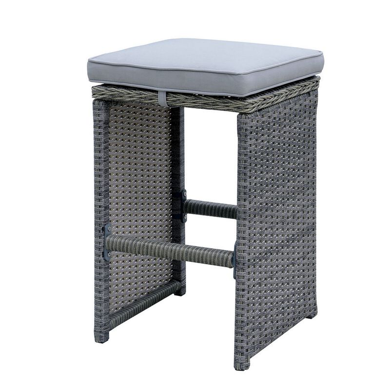 6 Piece Patio Bar Stool In Aluminum Wicker Frame And Padded Fabric Seat, Gray-Benzara
