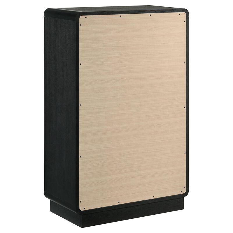 Cavy Tall Dresser Chest, 6 Drawers, Black Wood, Round Gold Knobs - Benzara