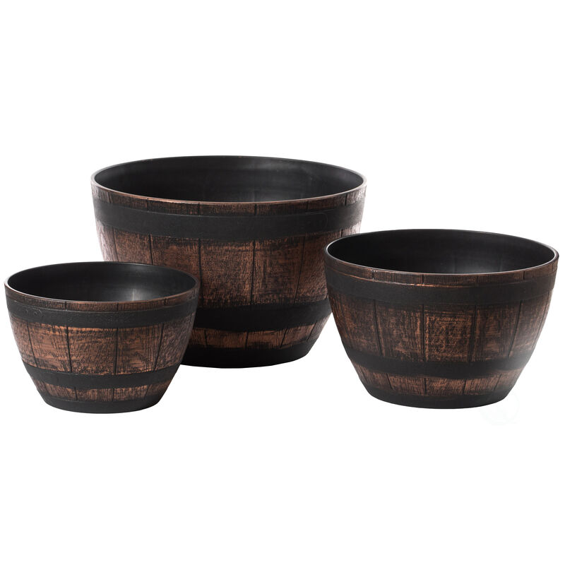 Brown Outdoor Rustic Half Barrel Flower Garden Planter Bowl, Plastic, Small