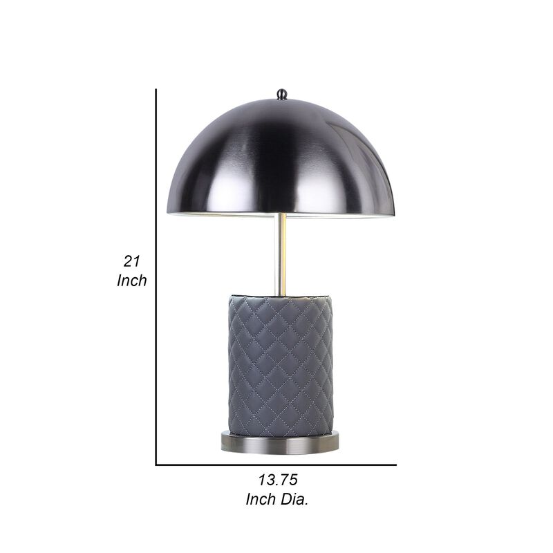 Aria 21 Inch Table Lamp, Dome Shade, Round, Gray Faux Leather, Dark Silver-Benzara