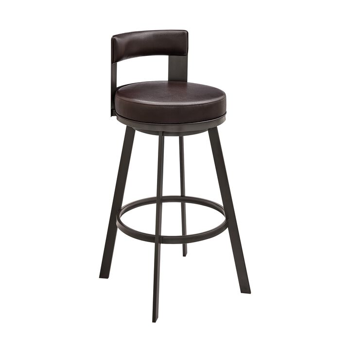 Ami 30 Inch Swivel Barstool Chair, Curved Open Back Brown Faux Leather - Benzara