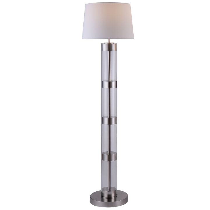 Kria 60 Inch Floor Lamp, Clear Glass Stand, Metal Bands, Satin Nickel-Benzara