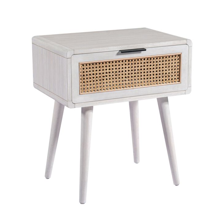 Camy Side End Table, Natural Brown Cane Woven Drawer, White 22 Inch - Benzara
