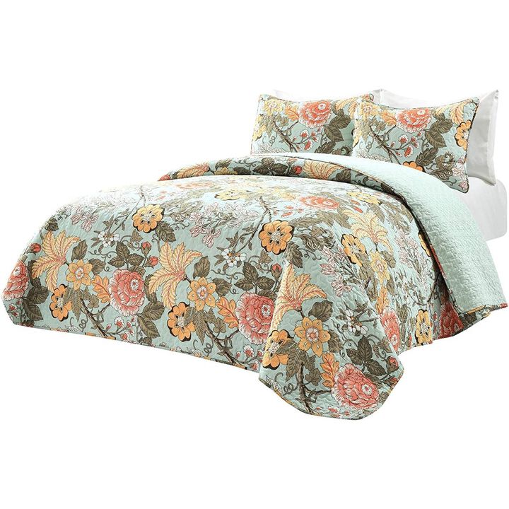 Hivvago Full/Queen 3 Piece Farmhouse Teal Blue Floral Cotton Reversible Quilt Set