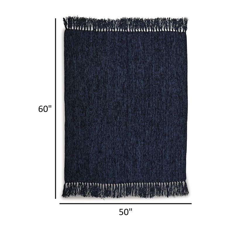 Emily Throw Blanket Set of 3, Textured Woven Knotted Fringe, Dark Blue - Benzara