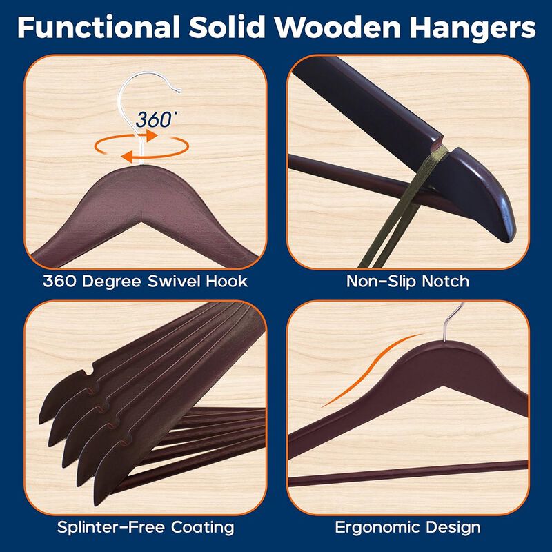 Wooden Clothes Hangers – Durable Space Saving Hanger, Non-Slip, Versatile for Organizing Dress, Coat, and Clothes, Can Hold Up To 10 lbs, With 360 Degree Swivel Hook, Cherry Color, Pack of 50