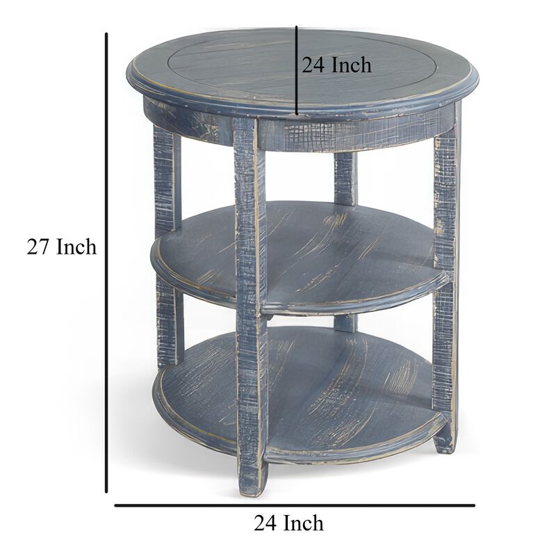 Rena Side End Table, Scallop Trim, 28 Inch Distressed Blue Mahogany - Benzara