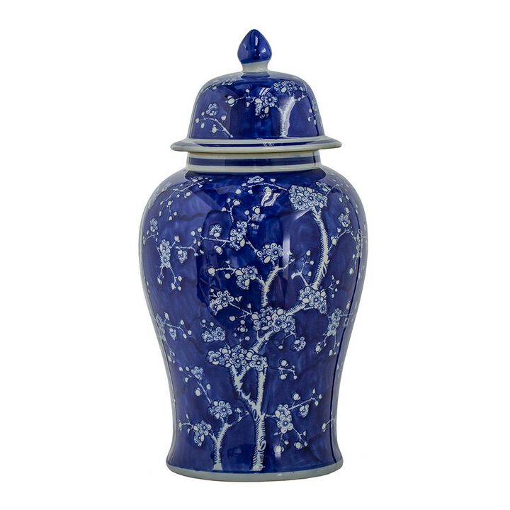 18 Inch Porcelain Ginger Jar, Finial Lid and Round Curved, Blue Flowers-Benzara