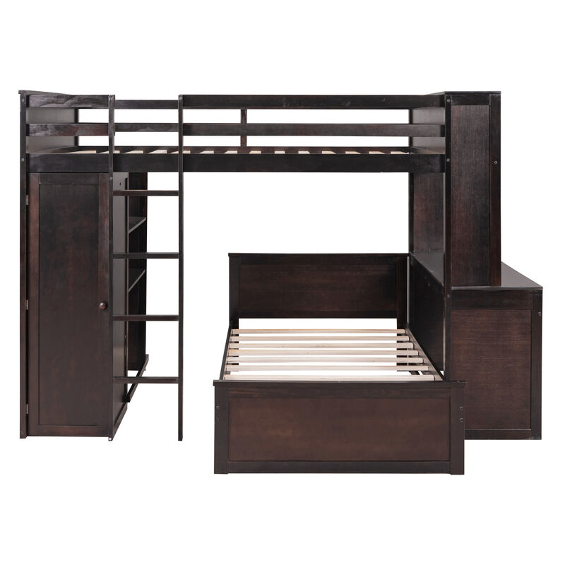 Full Size Loft Bed With A Twin Size Stand-Alone Bed, Shelves, Desk, And Wardrobe