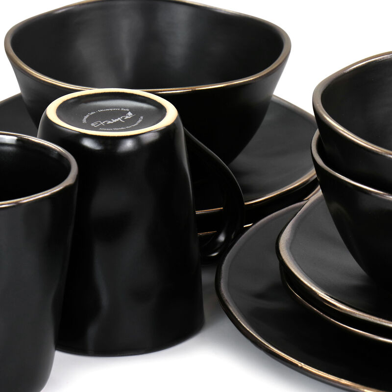 Elama Modern 16 Piece Stoneware Dinnerware Set in Matte Black with Gold Rim